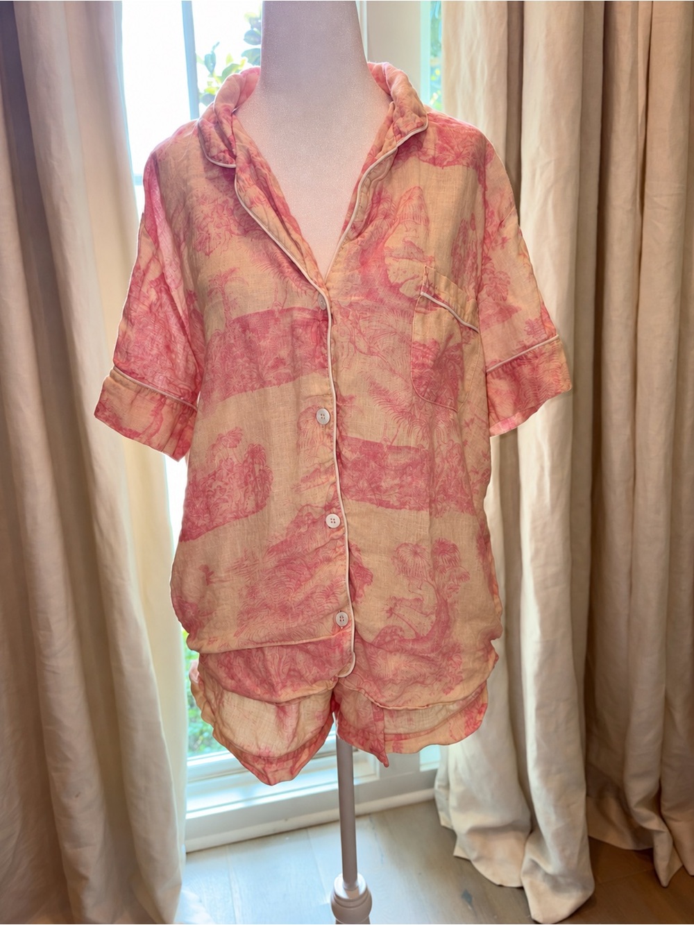 Women's Short Sleeve Two-Piece Pajama Set in Pink & Cream